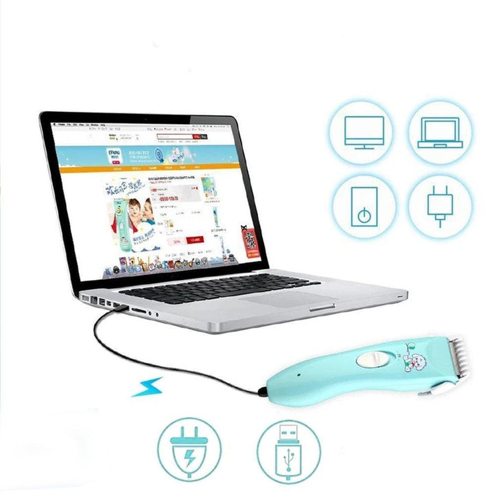 Home haircut baby trimmer with a comb guide, ensuring even and safe hair cutting for children.