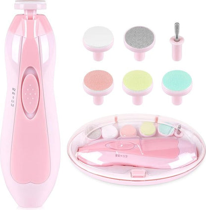 Close-up of baby electric nail file, showing soft pads for delicate newborn nails
