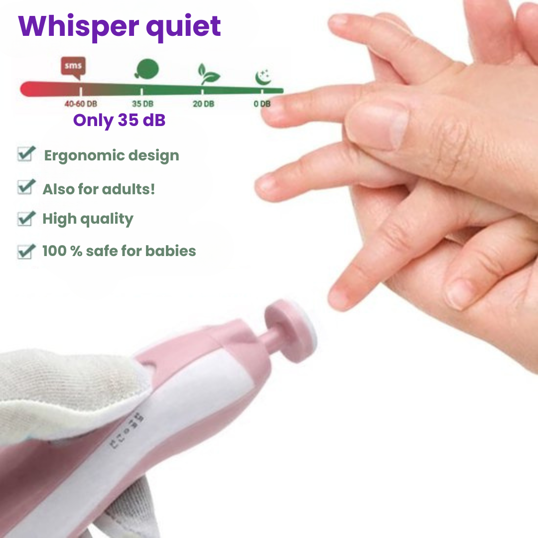 Hand holding electric baby nail trimmer, demonstrating ease of use for infant nail care
