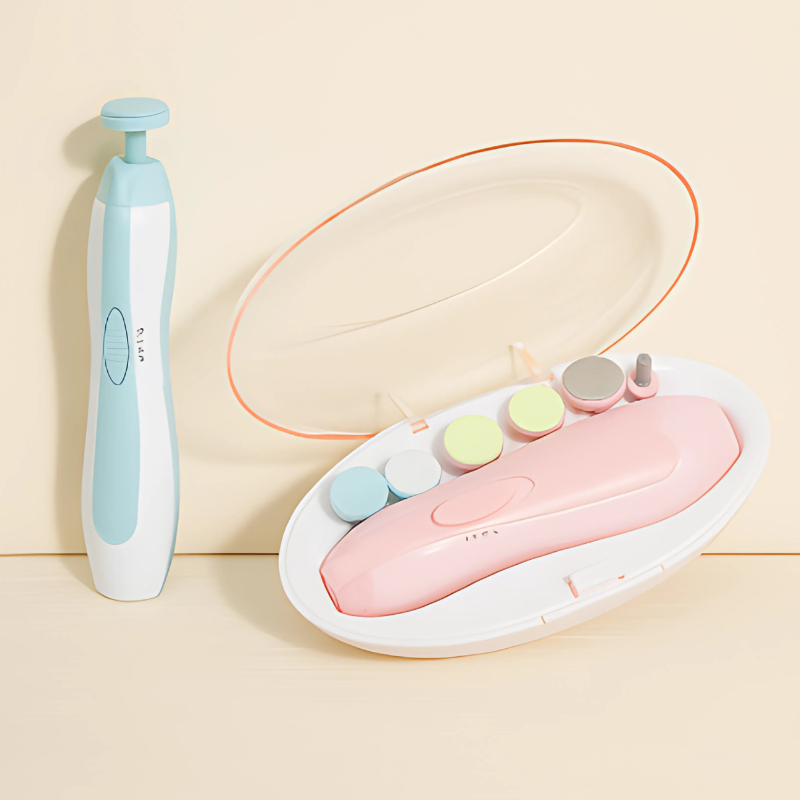 Baby electric nail trimmer, gentle and safe for newborn grooming, white and portable design.