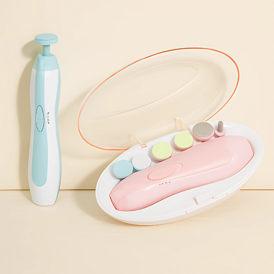 Baby electric nail trimmer, gentle and safe for newborn grooming, white and portable design.