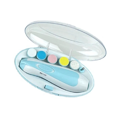 Hand holding a silent electric baby nail trimmer, ideal for quiet and safe grooming of kids.