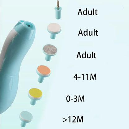 Complete baby electric nail trimmer kit in its packaging, highlighting features for gentle infant care