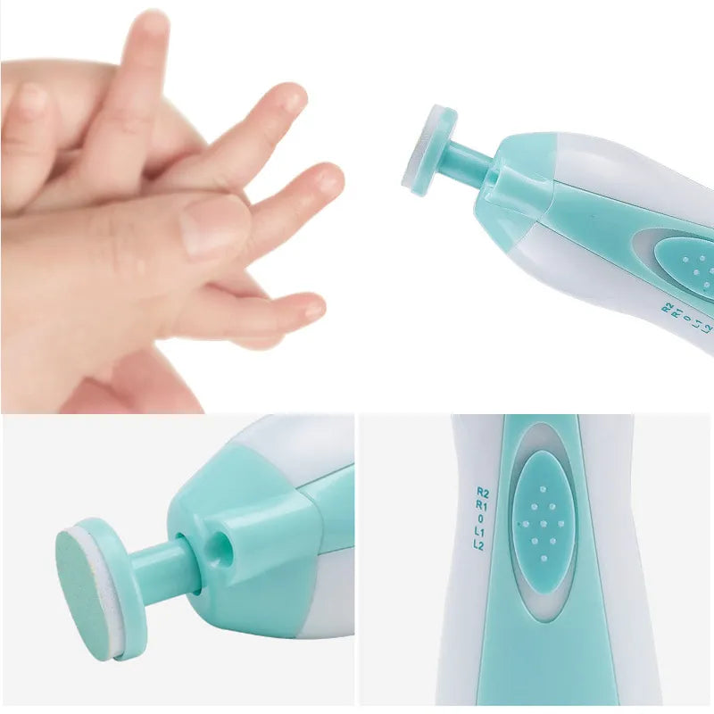 Baby nail care kit with electric trimmer, includes various attachments for different age stages, baby essentials