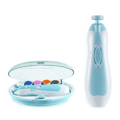 Baby Electric Nail Trimmer with multiple grinding heads for gentle infant nail care, white & blue design.