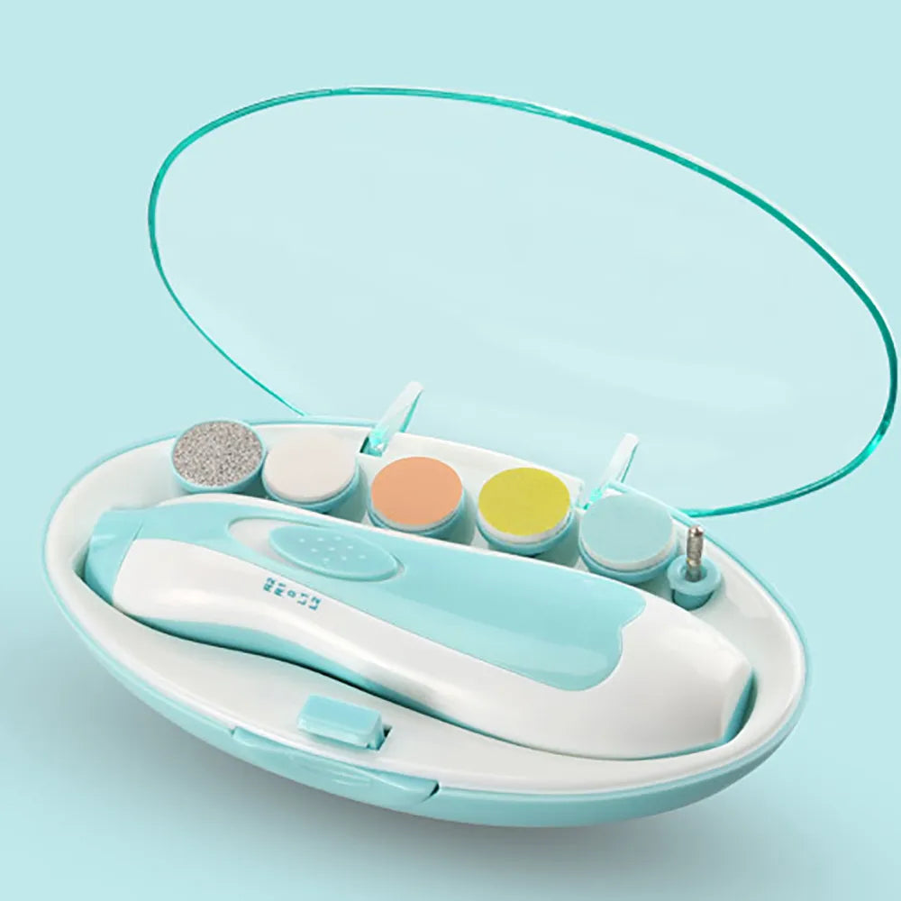 Gentle Electric Baby Nail File for newborns, showing quiet operation and safe, soft grinding pads.