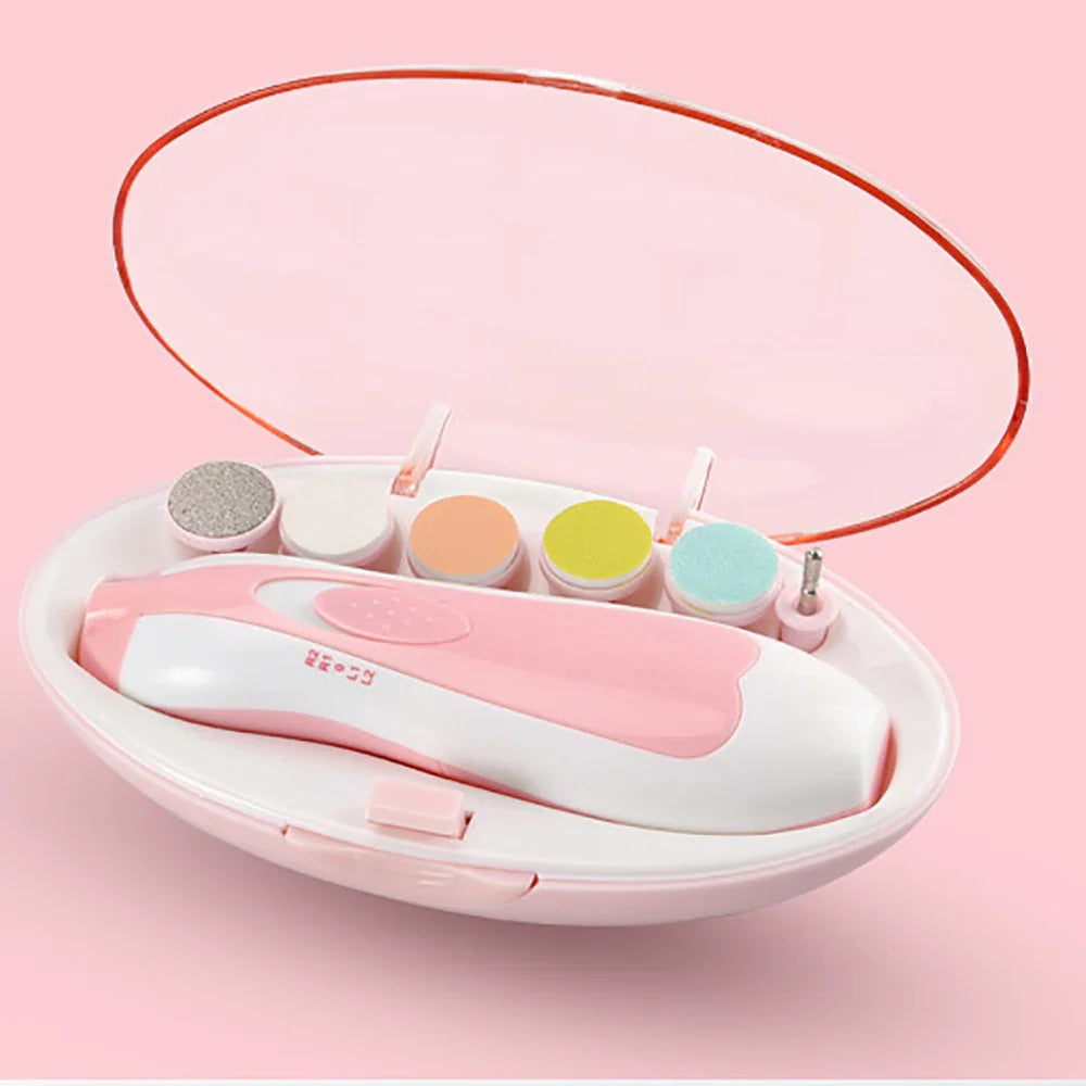 Close-up of Electric Baby Nail Trimmer with a soft filing head, ensuring safe and comfortable baby nail grooming.