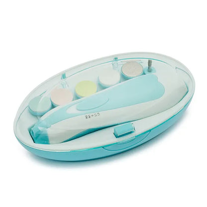 Quiet Baby Electric Nail Trimmer in action on an infant's tiny finger, highlighting gentle and safe nail care.