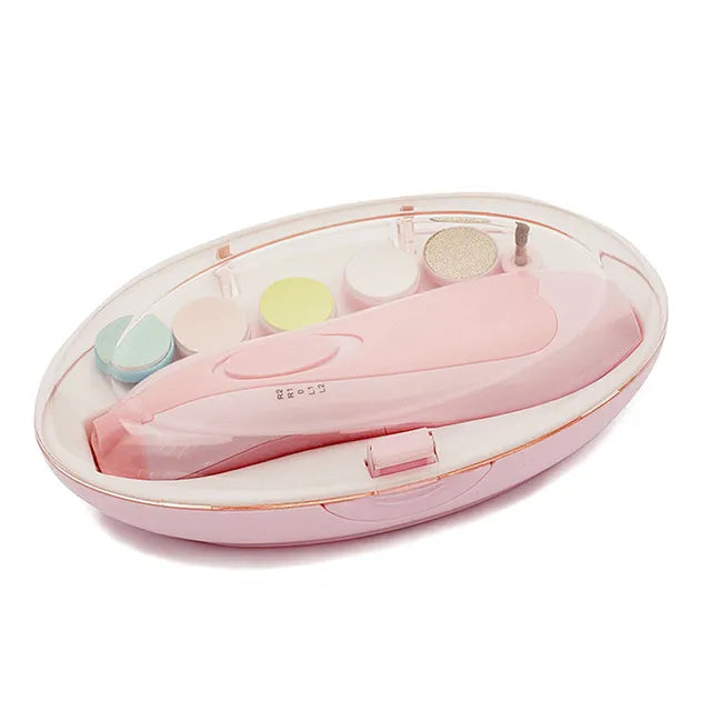 Newborn essentials: Baby Electric Nail Trimmer next to baby care products, emphasizing its use for infant health.