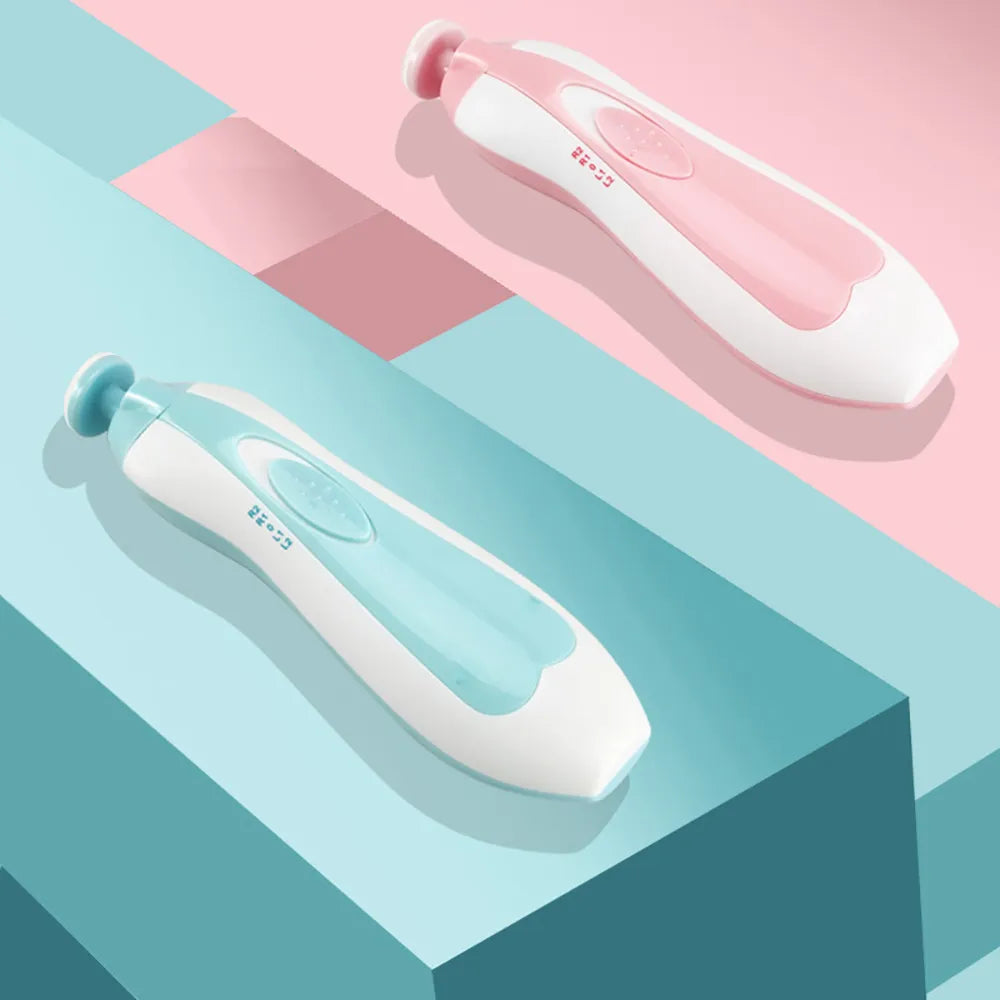 Electric Baby Nail File with LED light for easy and precise trimming in low light conditions.
