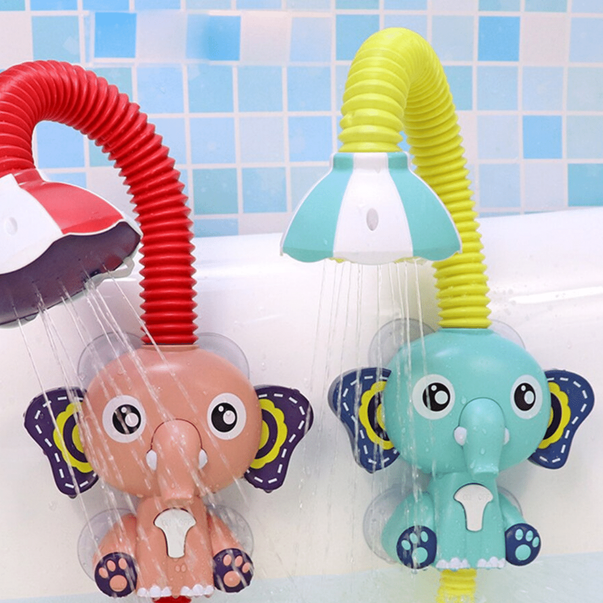 Baby elephant bathtub spout toy with gentle spray, perfect for infant and toddler water play