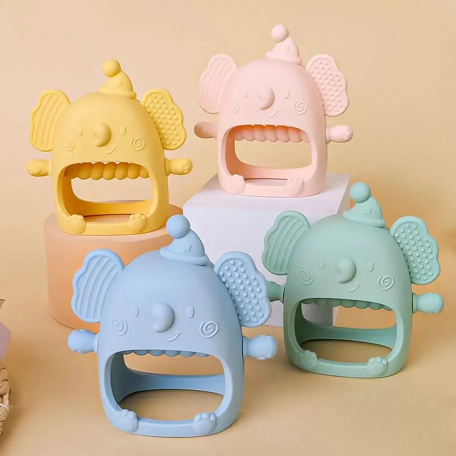 Baby Elephant Silicone Teether in pastel grey, ideal for gum pain relief, BPA-free and newborn friendly.