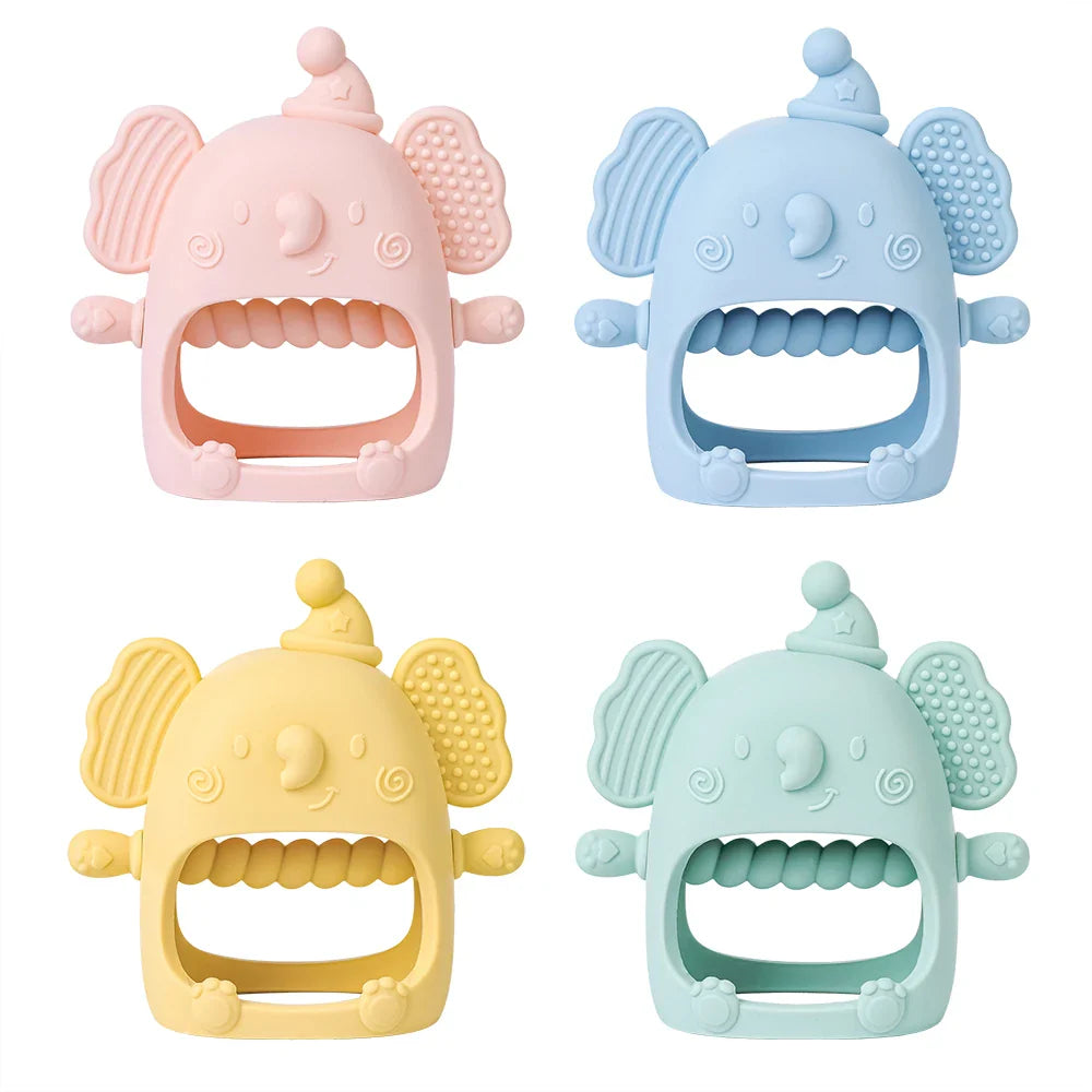 Front view of a grey elephant silicone teether, an essential baby toy for soothing teething gums.