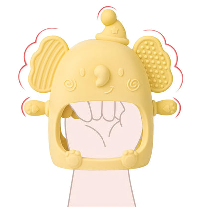 Side view of the elephant silicone teether, showing its ergonomic shape for baby's easy grip.