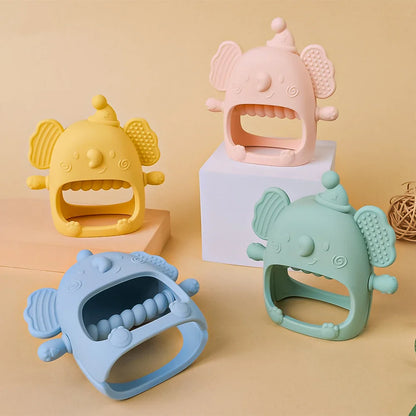Close-up of soft grey silicone elephant teether, textured for effective gum massage and teething relief.