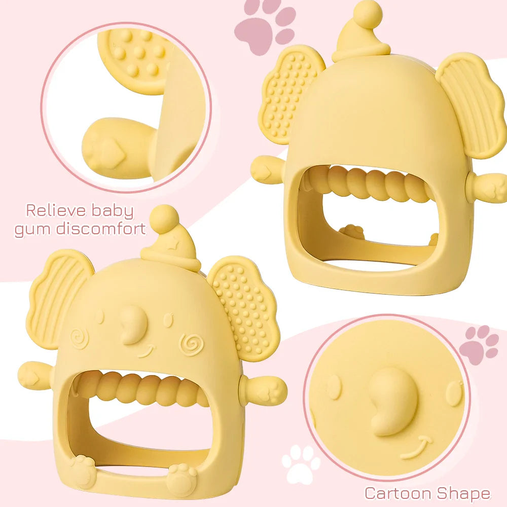 BPA-free baby elephant teether, ergonomically designed for small hands, perfect for infant gum pain.