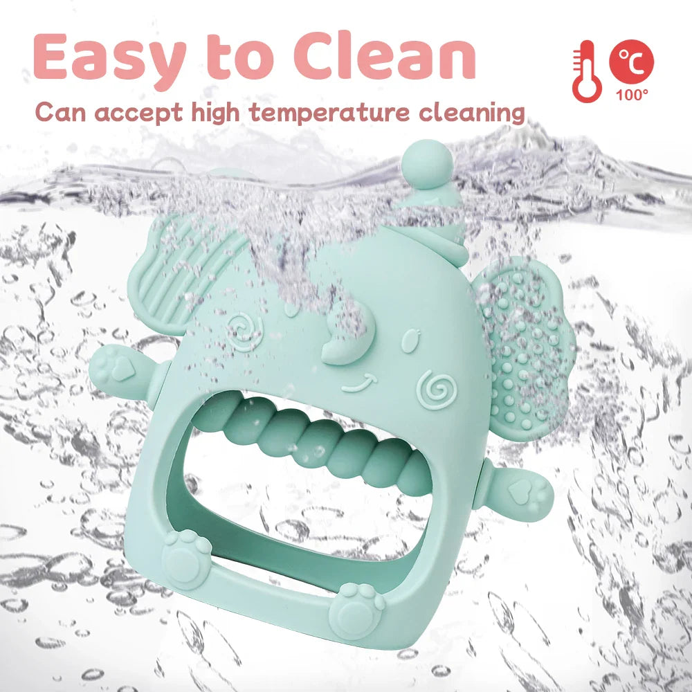 Textured silicone elephant teether for babies, promoting healthy oral development and gum relief.