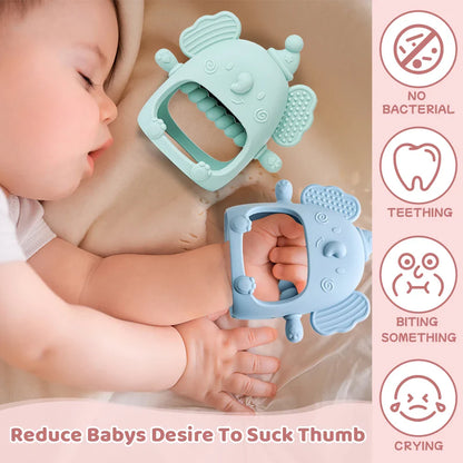 Cute elephant teething toy for newborns, made from food-grade silicone for safe gum pain relief.