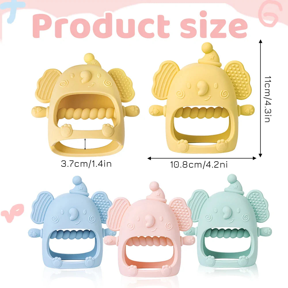 Grey silicone elephant teether with various textures, a perfect baby shower gift for teething infants.