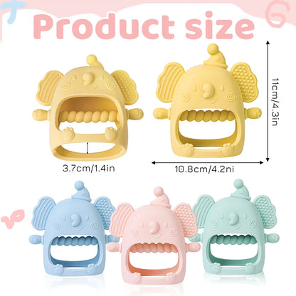 Grey silicone elephant teether with various textures, a perfect baby shower gift for teething infants.