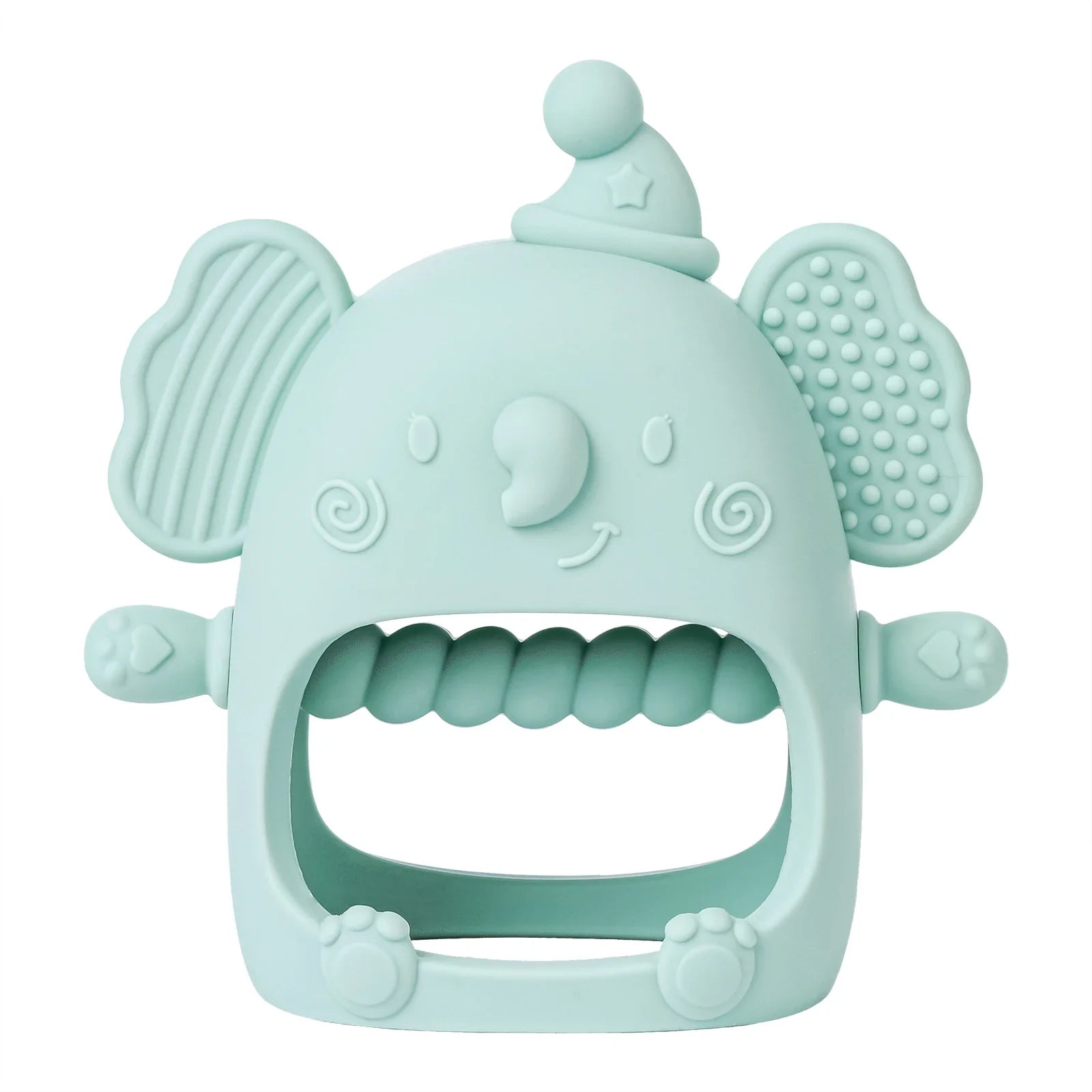 Baby elephant silicone teether, gently easing gum discomfort for infants, a newborn-friendly toy.