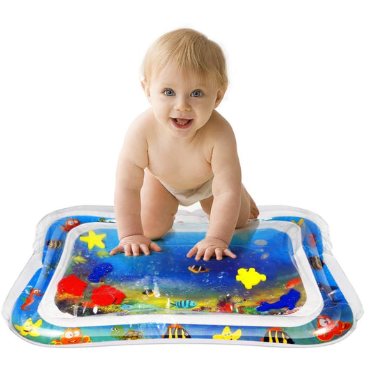 Baby enjoying sensory inflatable water play mat during tummy time, promoting infant development.