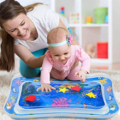 Close-up of leak-proof baby tummy time water mat with colorful floating toys inside for sensory play.