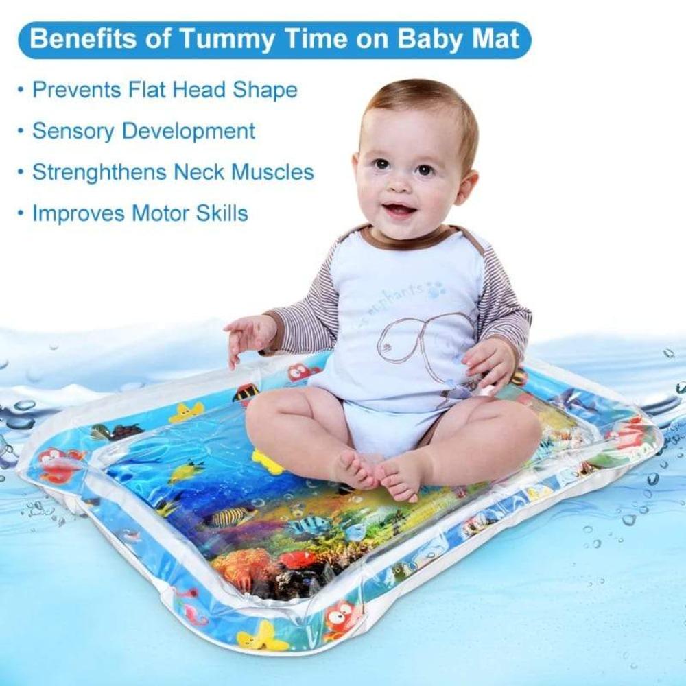 Infant playing on a round, blue inflatable water mat, enhancing baby activity and motor skills.