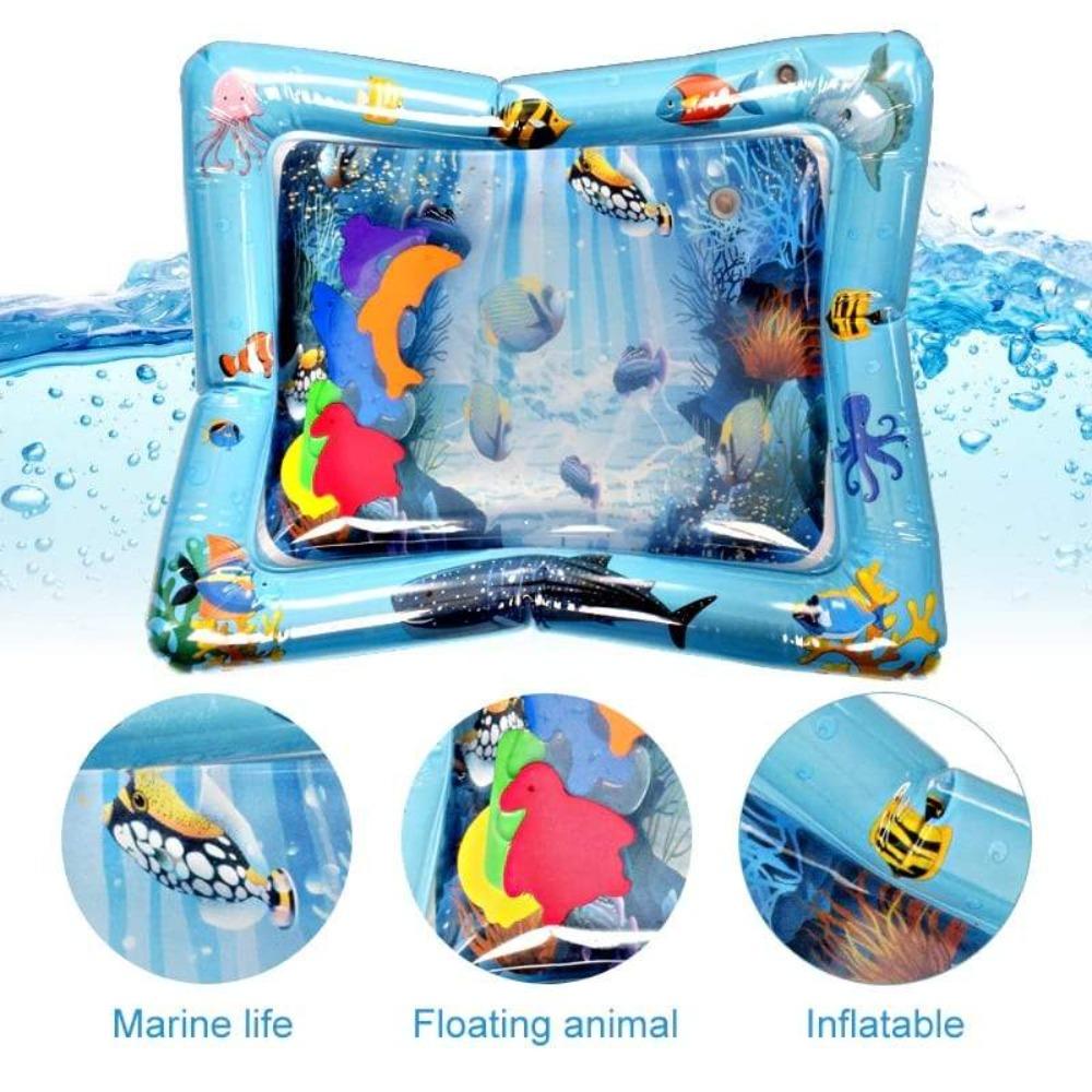 Portable baby activity mat: inflatable water play mat with ocean animal graphics for sensory fun.