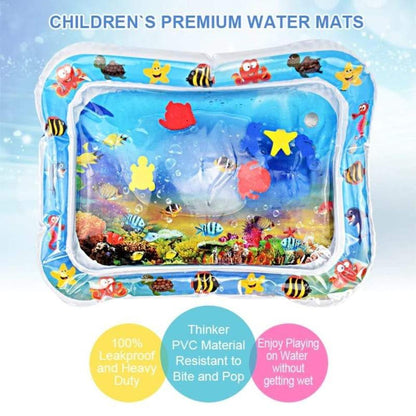 Side profile of a baby engaged in tummy time on a soft, water-filled sensory play mat.