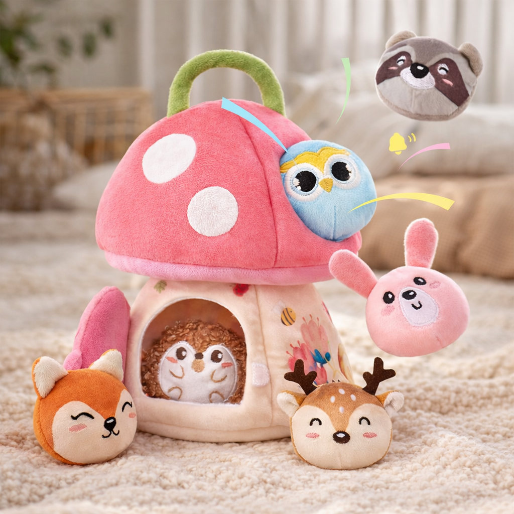 Baby exploring a vibrant sensory crinkle mushroom activity toy, enhancing motor skills and montessori play.