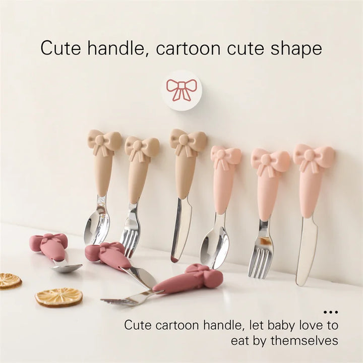 Non-slip silicone bowl and infant utensils, a stainless steel fork & spoon for baby-led weaning mealtime.