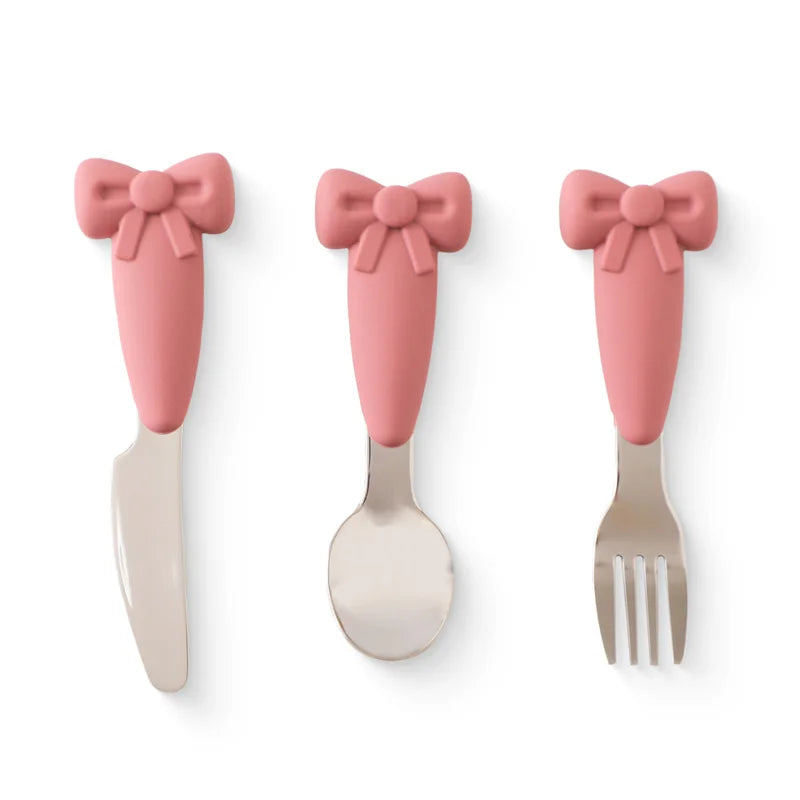 Infant self-feeding kit: green silicone non-slip bowl and polished stainless steel spoon & fork utensils.