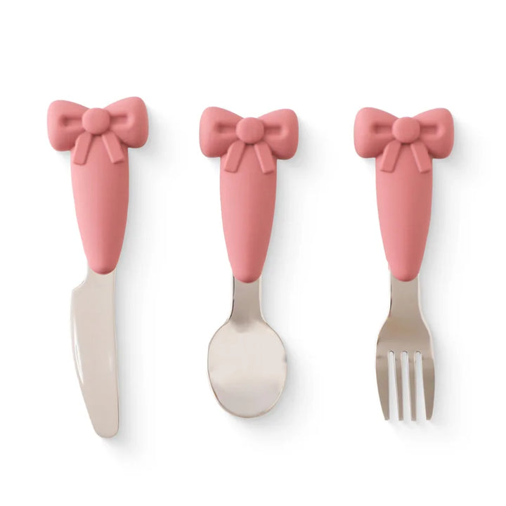 Infant self-feeding kit: green silicone non-slip bowl and polished stainless steel spoon & fork utensils.