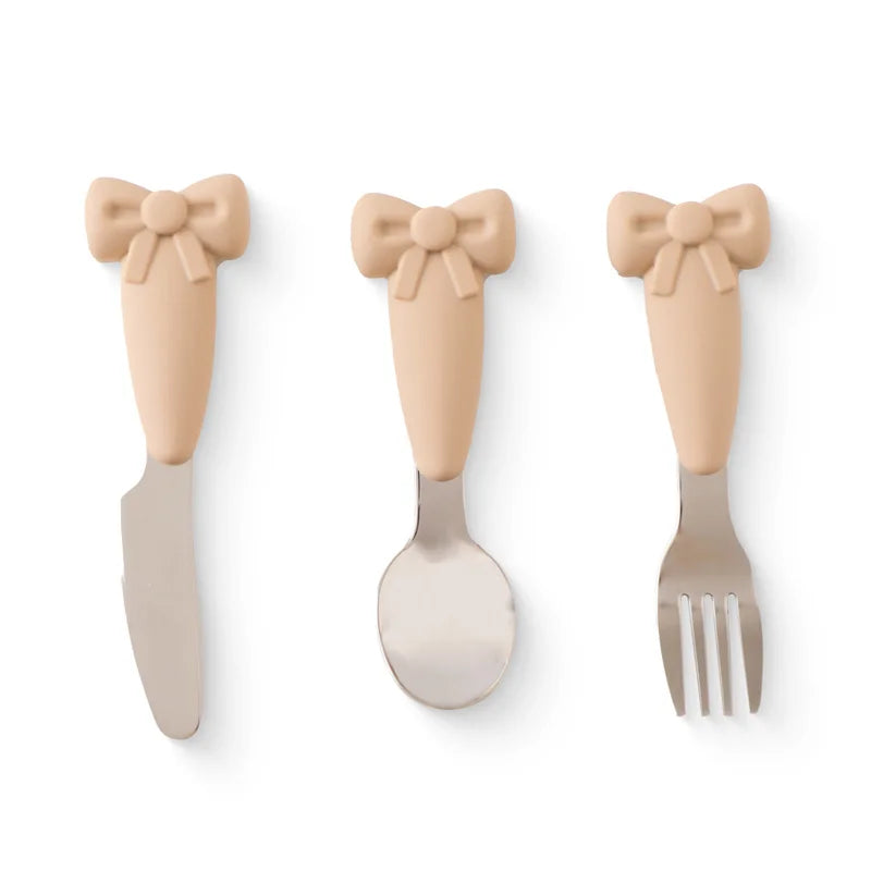 Stylish baby mealtime set featuring a silicone suction bowl and child-friendly stainless steel cutlery.