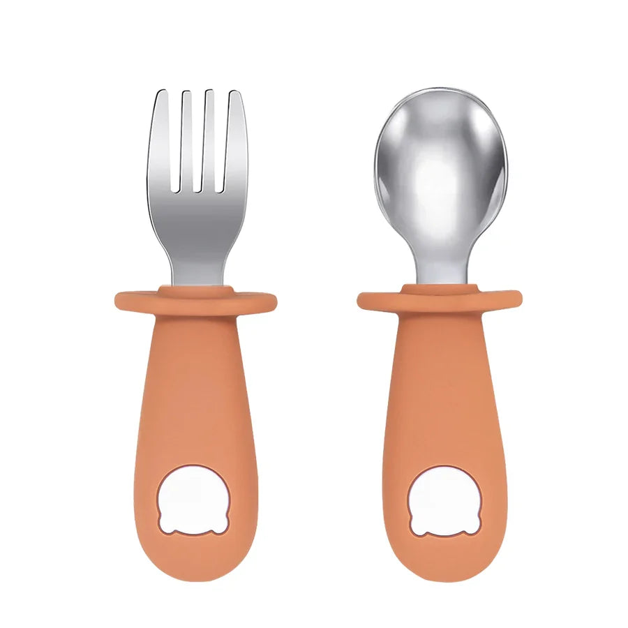 Colorful silicone baby feeding set, spoon and fork, designed for safe and fun mealtime