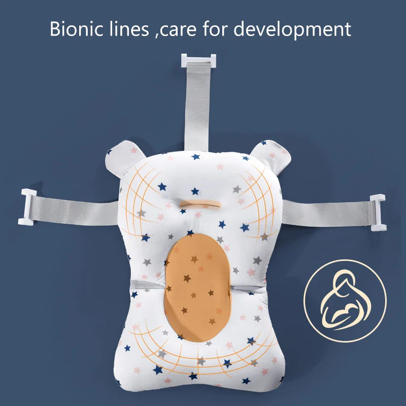 Close-up of baby foldable bath support mat, soft fabric, blue stars on white background