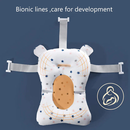Close-up of baby foldable bath support mat, soft fabric, blue stars on white background