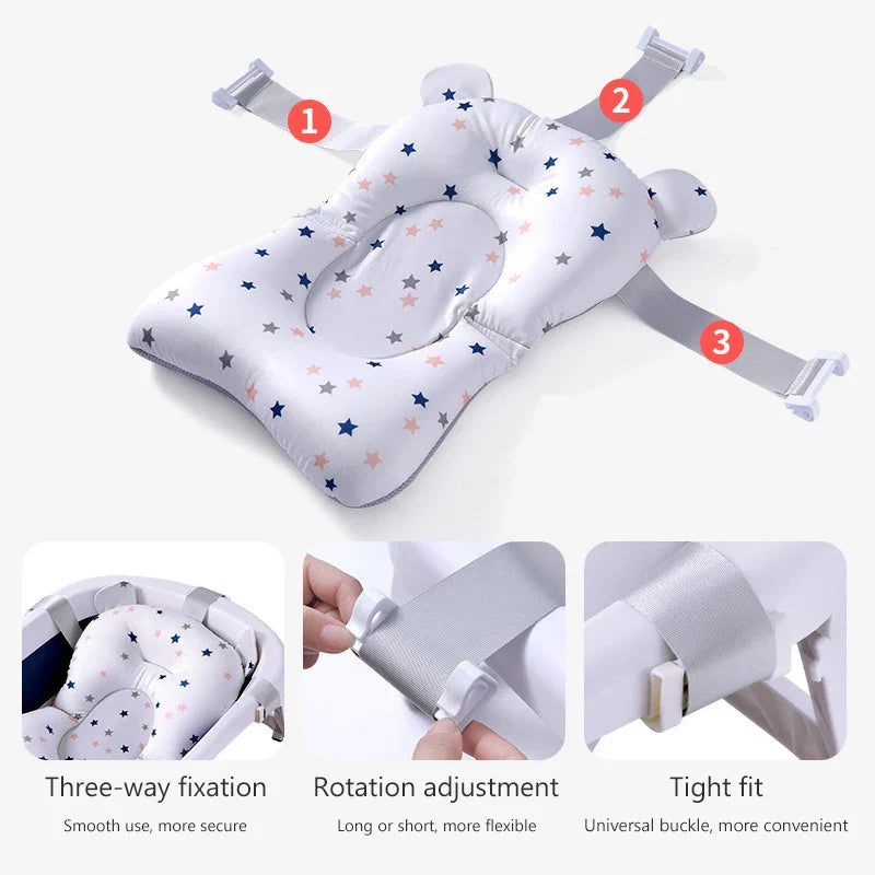 Infant secure on foldable bath support mat, ergonomic design for newborn bathing safety