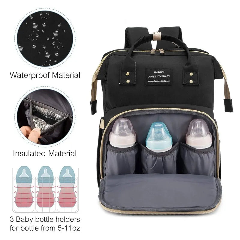 Multi-functional baby travel backpack: unfolds into a crib, has USB charging, and changing mat.