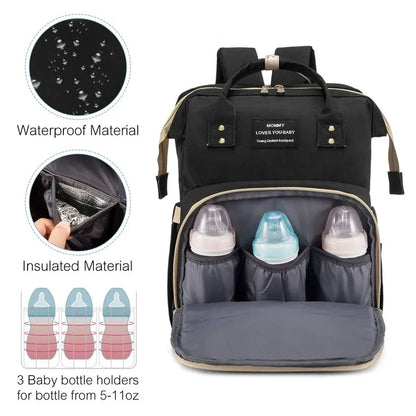 Multi-functional baby travel backpack: unfolds into a crib, has USB charging, and changing mat.
