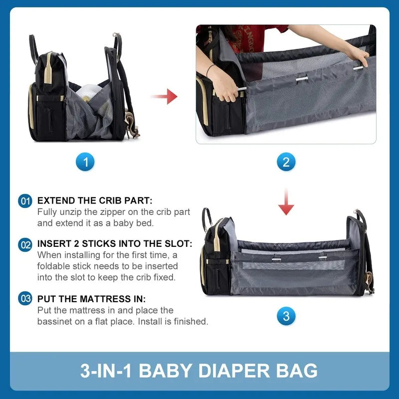 Diaper bag backpack transformable into a baby crib, with USB port and portable changing pad.