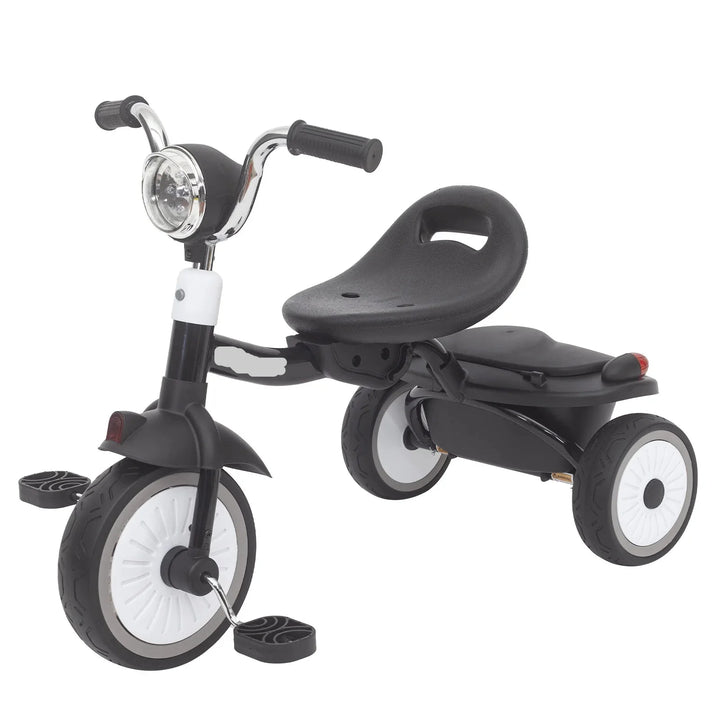Versatile foldable children's trike with shock-absorbing wheels, suitable for indoor & outdoor use by toddlers.