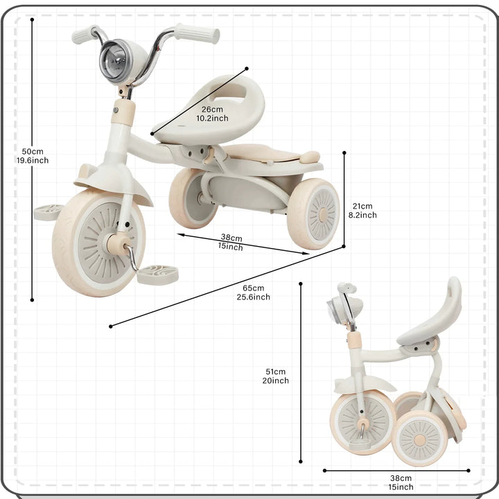 Child enjoying a foldable baby tricycle outdoors. Features shock-absorbing wheels for smooth, fun rides.