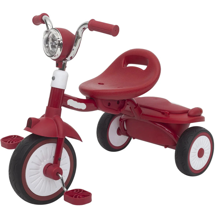 Compact, folded baby trike with pedals, showcasing its portability & space-saving design for travel or storage.