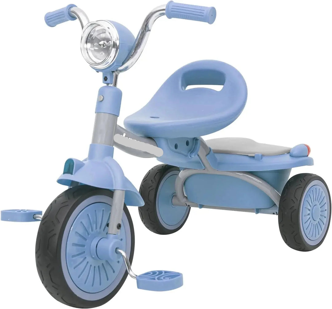 Close-up of shock-absorbing PU wheels on a baby foldable tricycle, highlighting durability & a smooth ride.