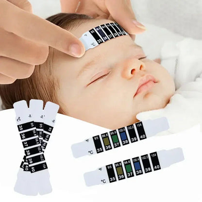 Baby forehead thermometer strip for quick, reusable fever monitoring on infant's skin