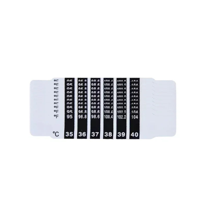 Two baby forehead thermometer strips showing different temperature readings for comparison