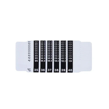 Two baby forehead thermometer strips showing different temperature readings for comparison