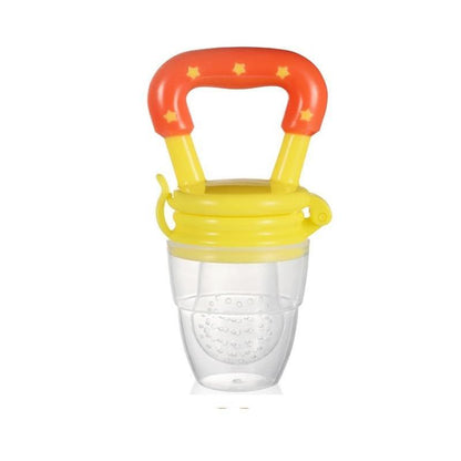 Orange baby fruit feeder pacifier, a perfect weaning aid for self-feeding and teething relief.